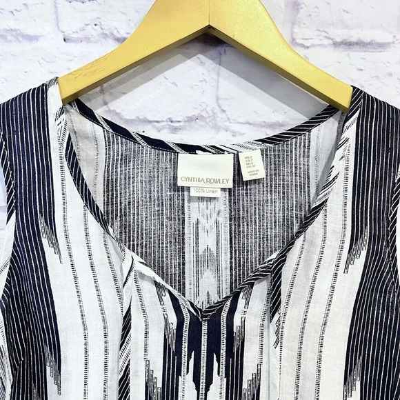Cynthia Rowley Shift Dress Womens Blue White Linen Bohemian - Picture 3 of 12